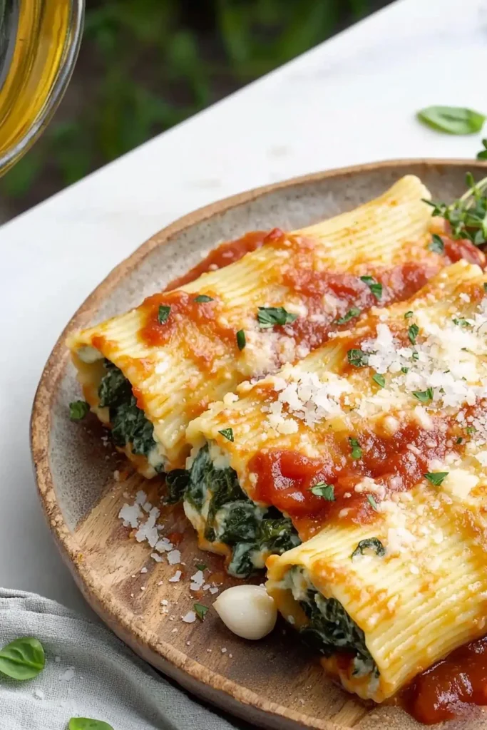 Delicious spinach manicotti filled with creamy cheese and topped with marinara sauce