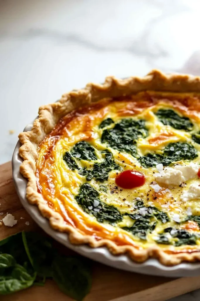 Delicious Spinach Ricotta Quiche served on a plate with fresh herbs.