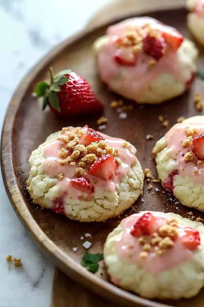 Delicious Strawberry Crunch Shortcake Cookies freshly baked and presented on a plate.