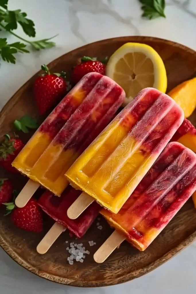 Strawberry Mango Popsicles on a wooden table, perfect for summer cooling.