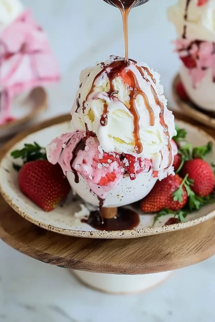 Delicious strawberry milkshake ice cream in a glass with a cherry on top