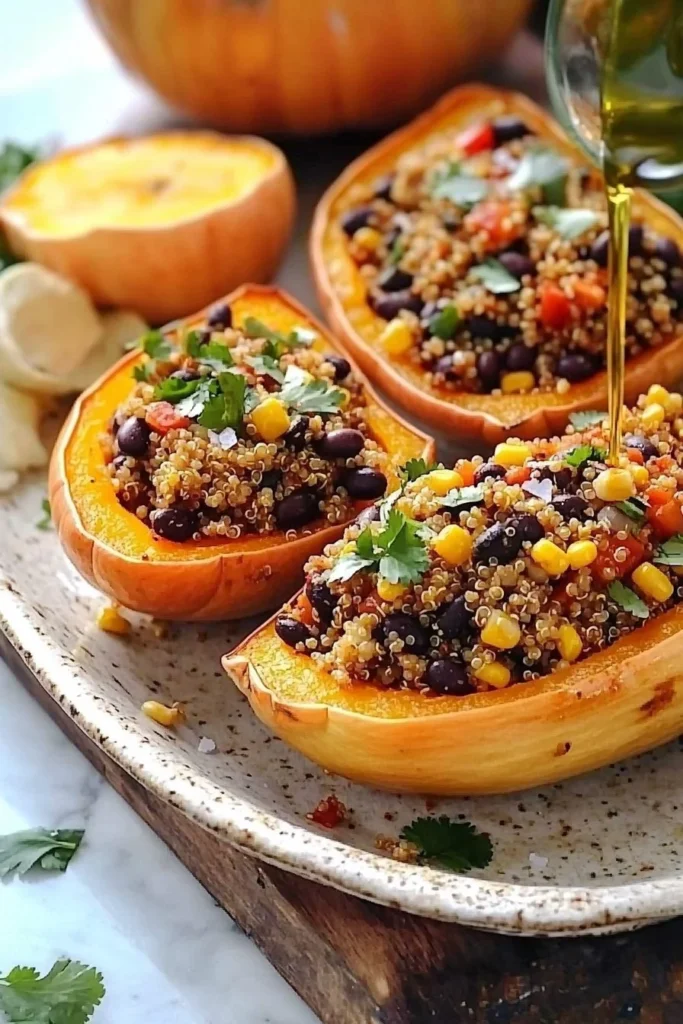 A plate of beautifully roasted stuffed butternut squash filled with savory ingredients