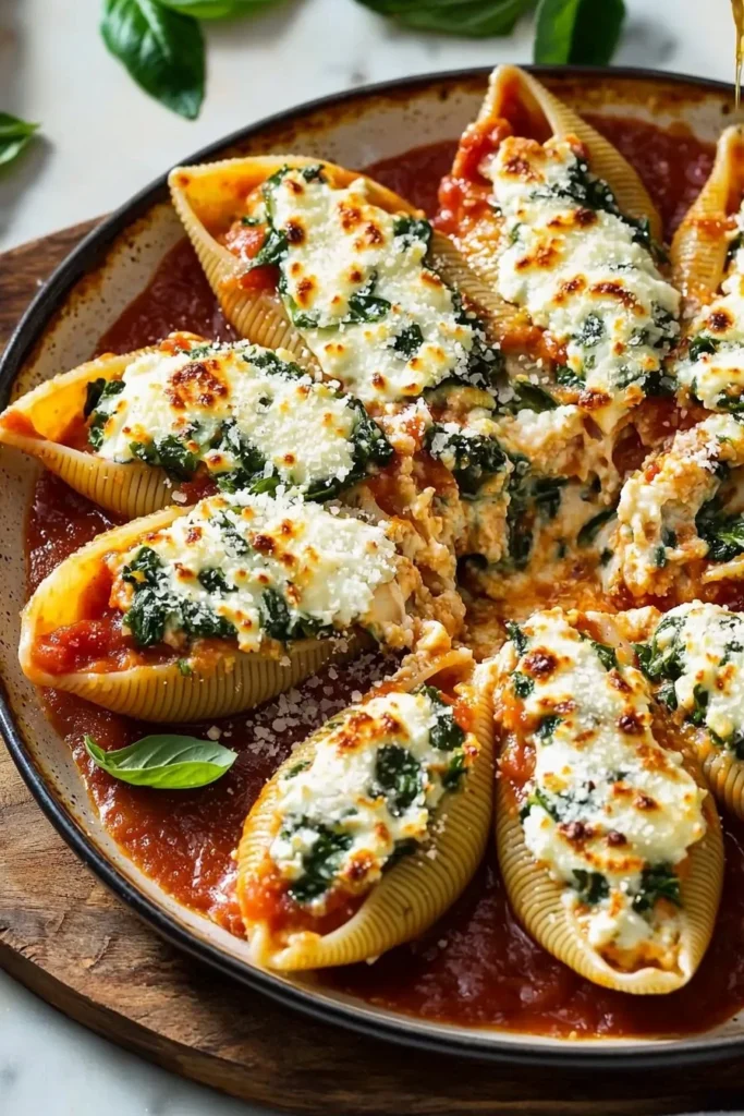 Delicious stuffed shells filled with cheese and herbs, served in a rich tomato sauce.