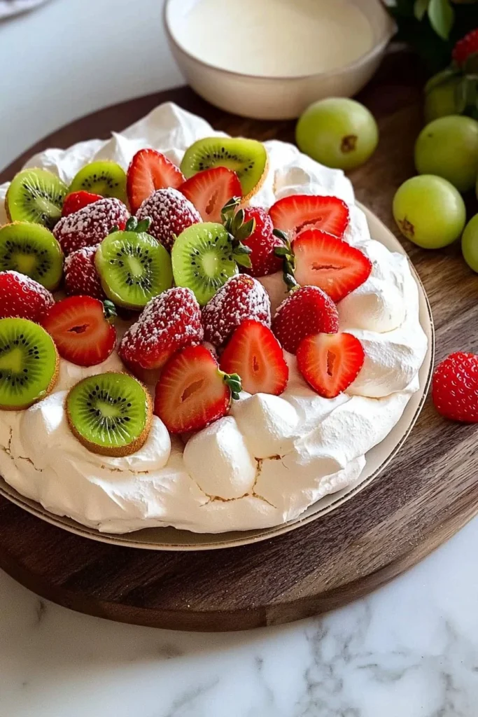 Delicious strawberry kiwi pavlova dessert topped with fresh fruit