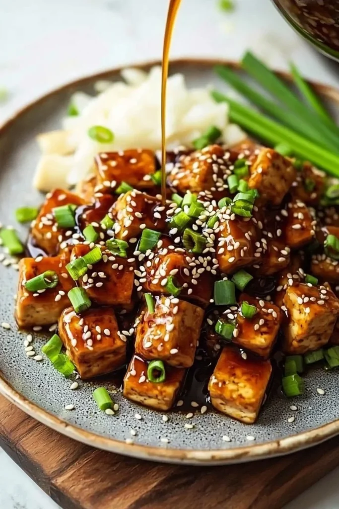 Delicious sweet and sticky teriyaki tofu served on a plate with fresh vegetables.