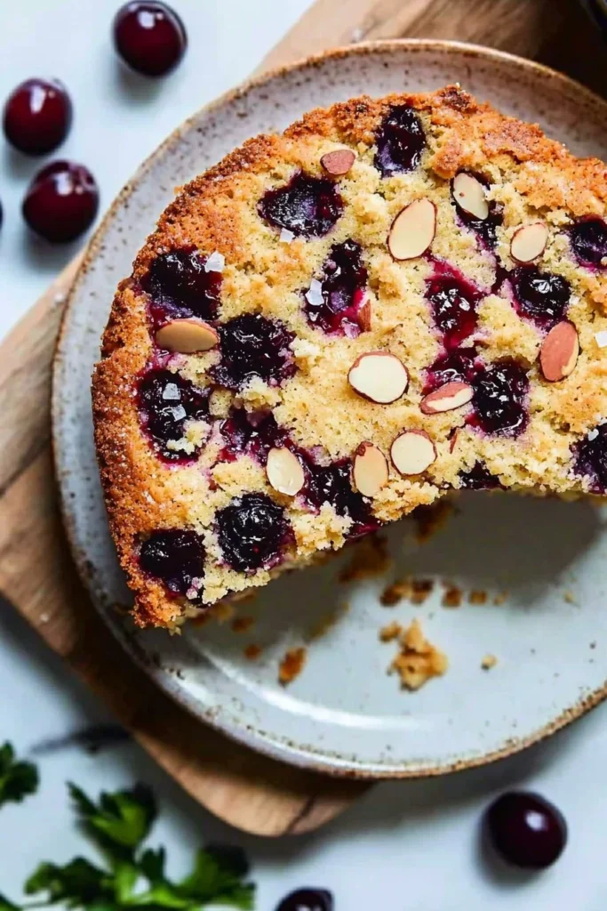 Slice of Sweet Cherry Almond Cake with cherry and almond toppings