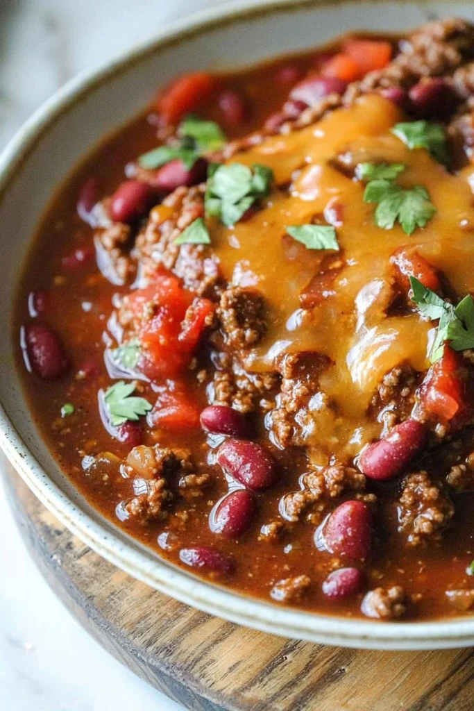 Bowl of Sweet Heat Chili garnished with cilantro and jalapeños