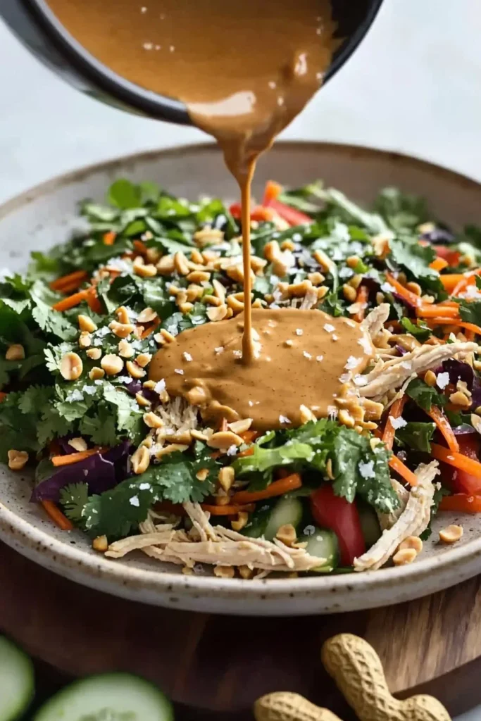 Thai Chicken Salad with Peanut Dressing served in a bowl