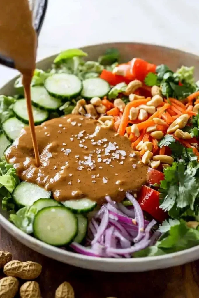 Bowl of vibrant Thai Peanut Salad with fresh vegetables and peanut dressing