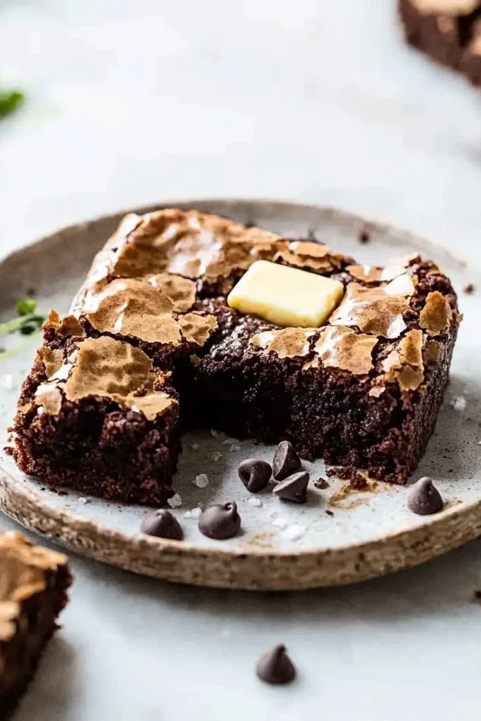 Delicious brown butter brookies served on a plate with a chocolate drizzle