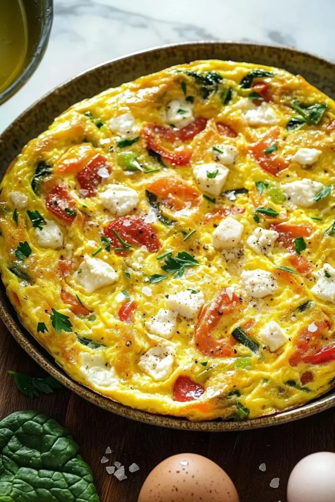 Delicious frittata with vegetables and herbs served on a plate