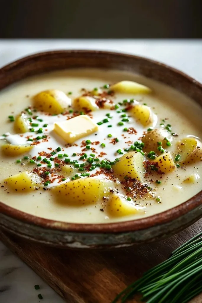 Bowl of creamy homemade potato soup topped with herbs and spices