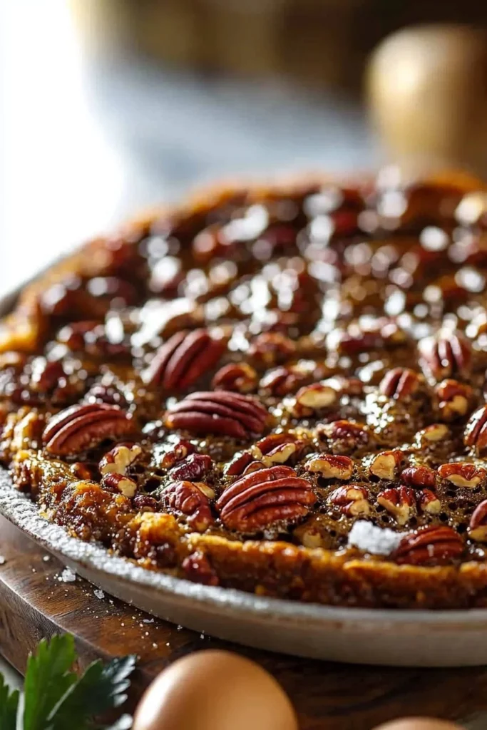 Gooey pecan pie dump cake served in a rustic dish