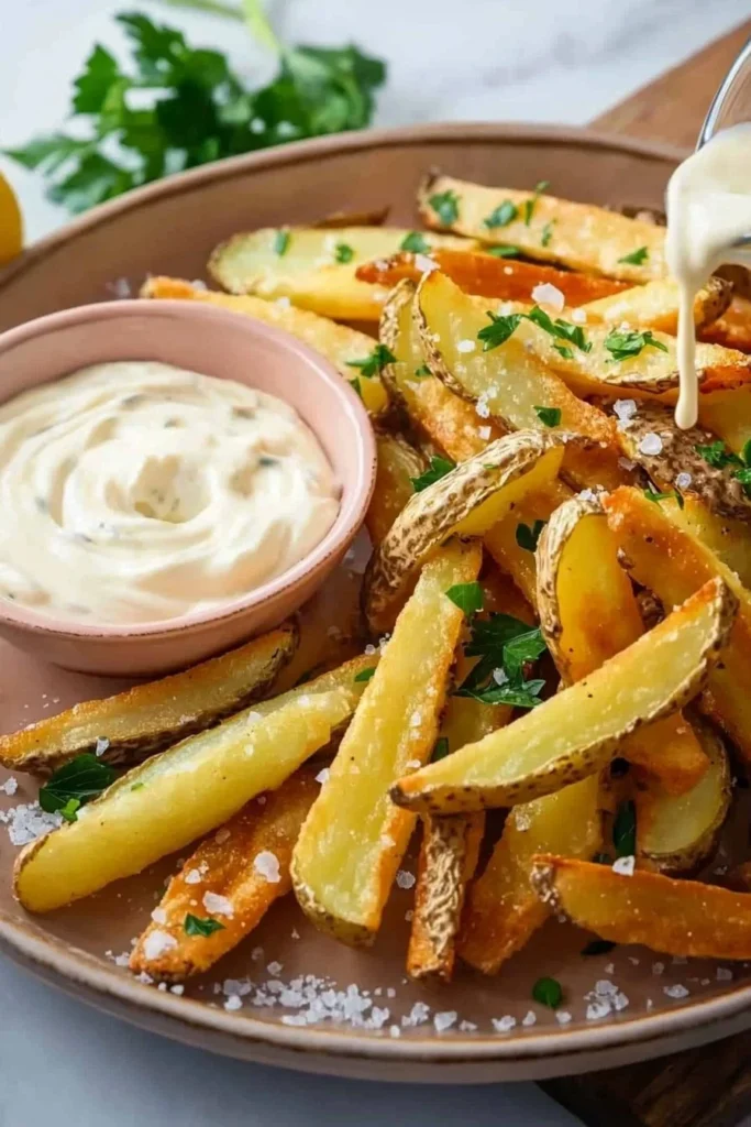 Crispy truffle fries accompanied by creamy garlic aioli for dipping.
