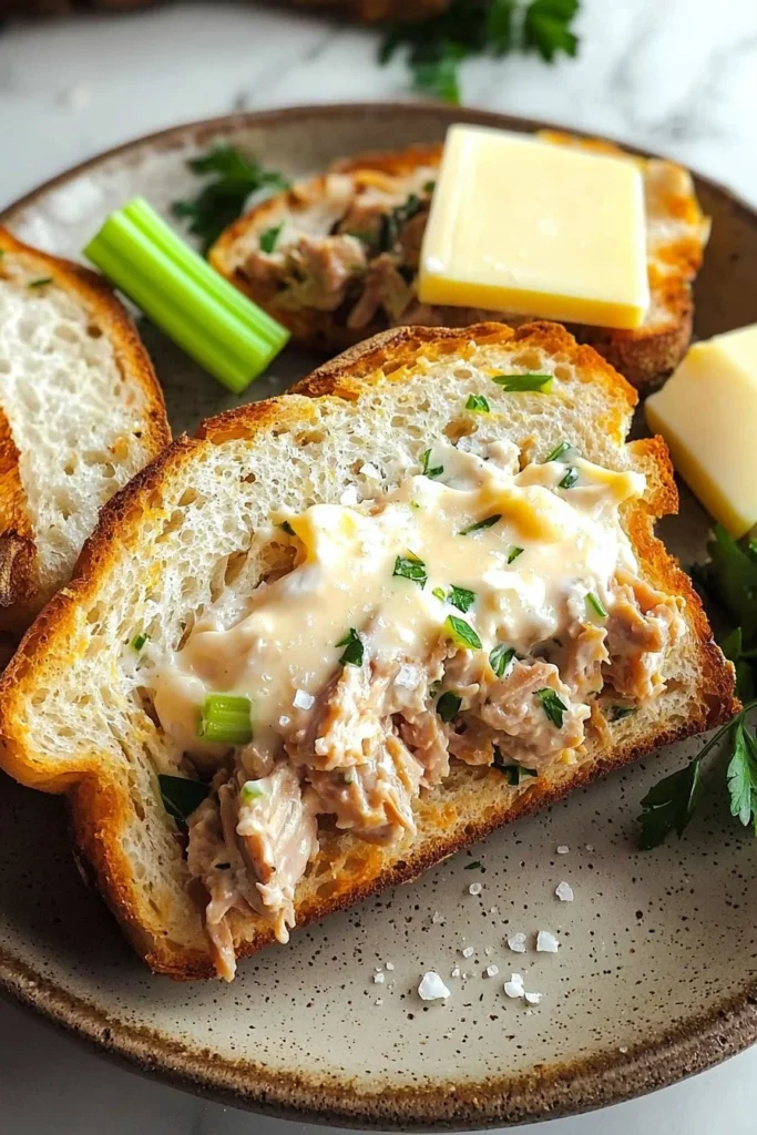 Delicious tuna melt sandwich with melted cheese on toasted bread