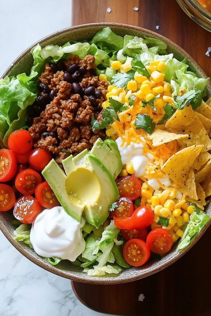 Healthy Turkey Taco Salad Bowl with fresh ingredients and vibrant toppings.