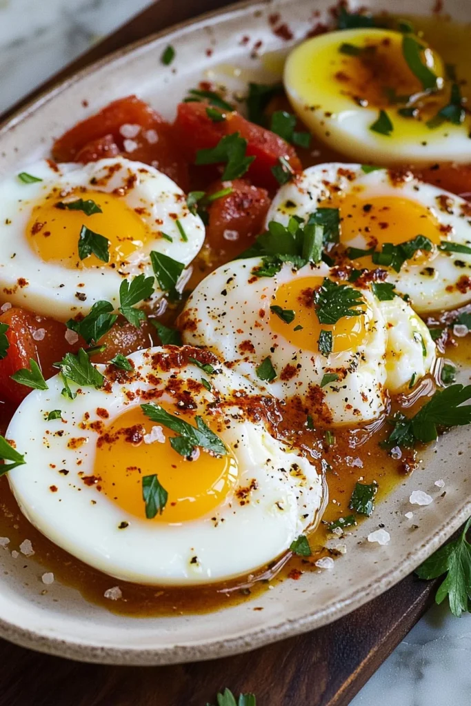A beautiful plate of Turkish inspired eggs garnished with spices and herbs.