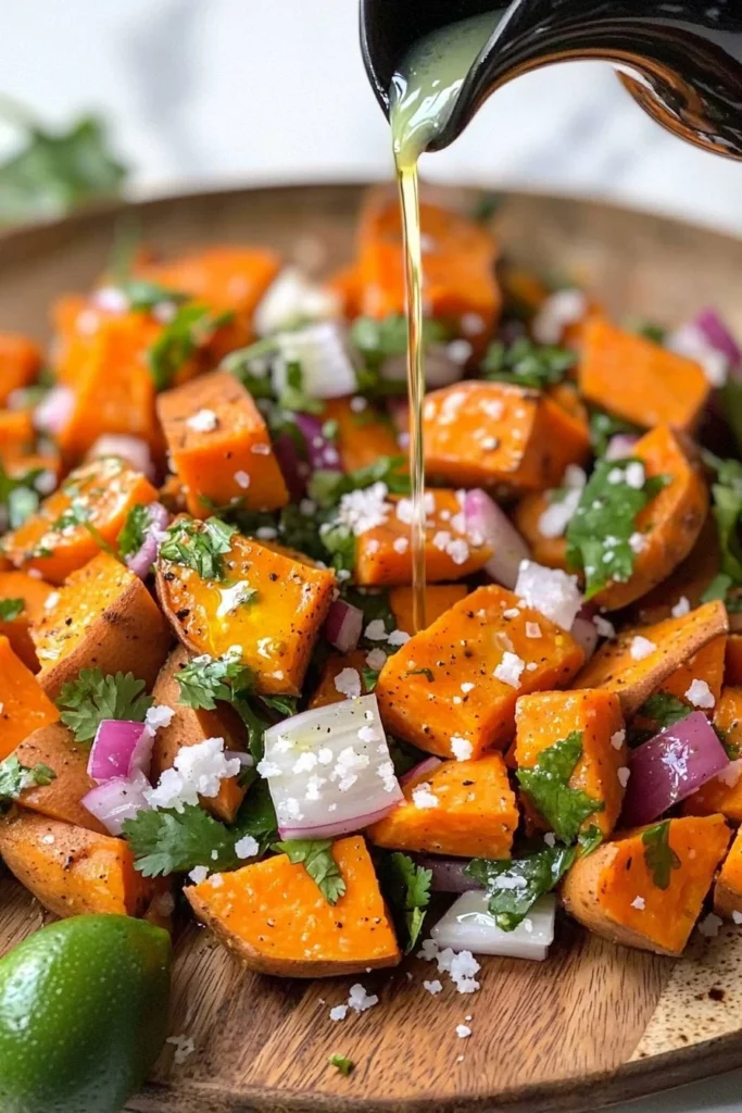 Bowl of ultimate sweet potato salad with colorful vegetables and dressing