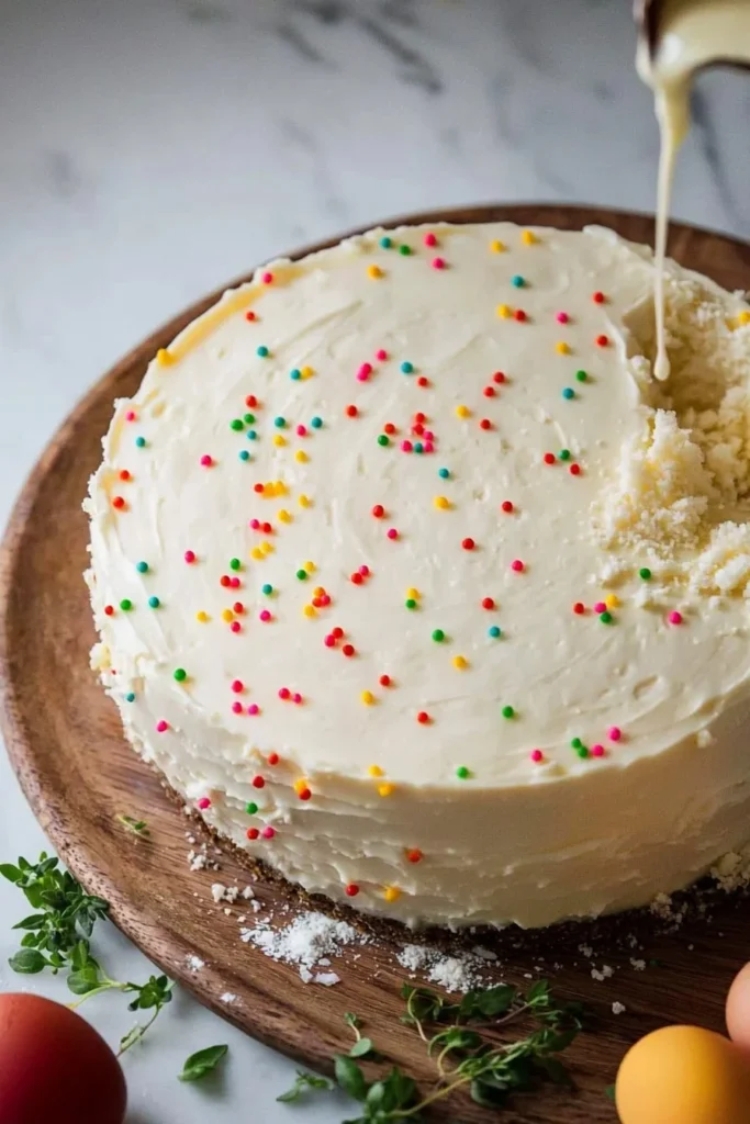 Delicious Vanilla Birthday Cake decorated with colorful sprinkles