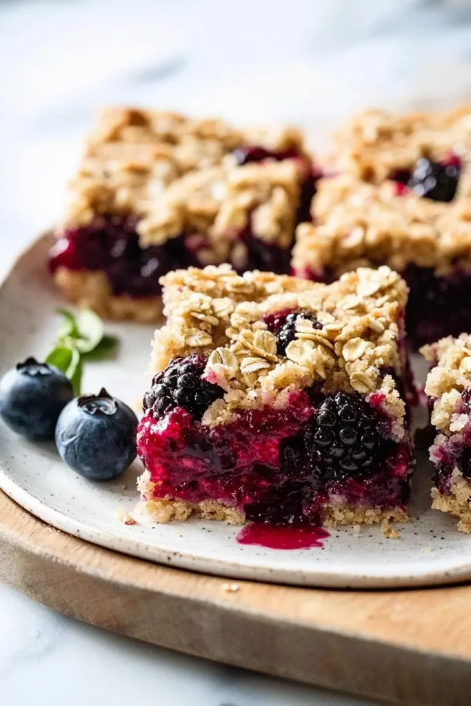 Delicious vegan berry crumble bars on a rustic wooden table