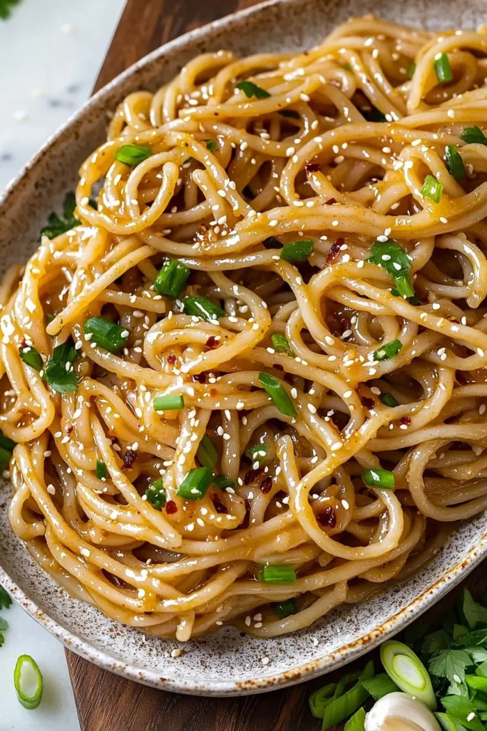 Vegan garlic noodles with fresh herbs and vegetables in a creamy sauce