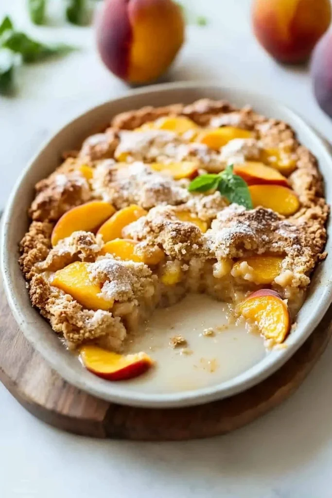 Vegan peach cobbler served in a bowl, topped with fresh peaches and a scoop of vegan ice cream.