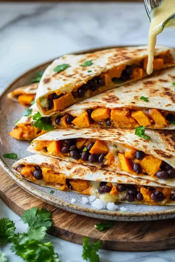 Vegetarian quesadillas with black beans and sweet potato on a plate