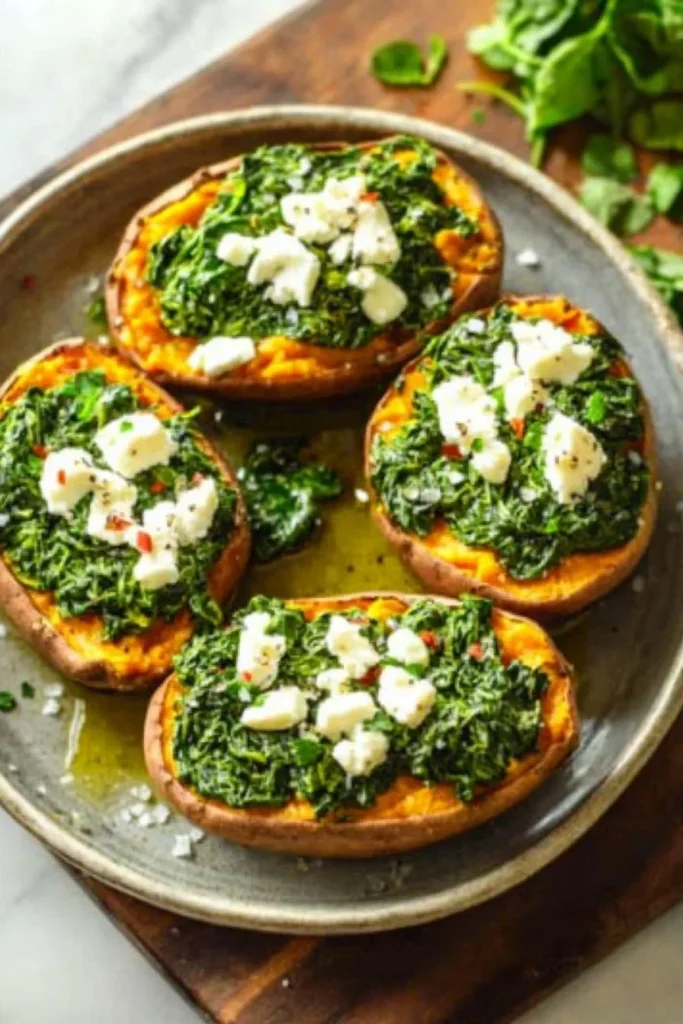 Vegetarian spinach and feta stuffed sweet potatoes served on a plate