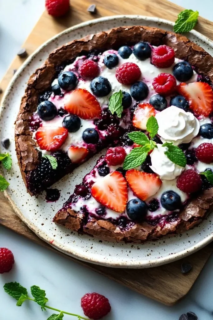 Very Berry Brownie Pizza topped with fresh berries and chocolate drizzle