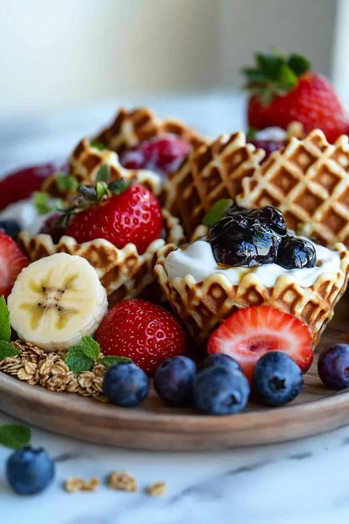 Delicious waffle cone cups filled with fresh fruit and yogurt