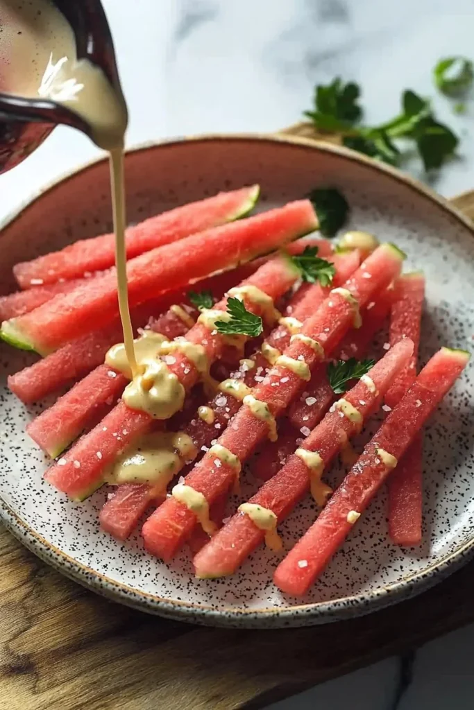 Delicious watermelon fries served as a refreshing snack on a plate