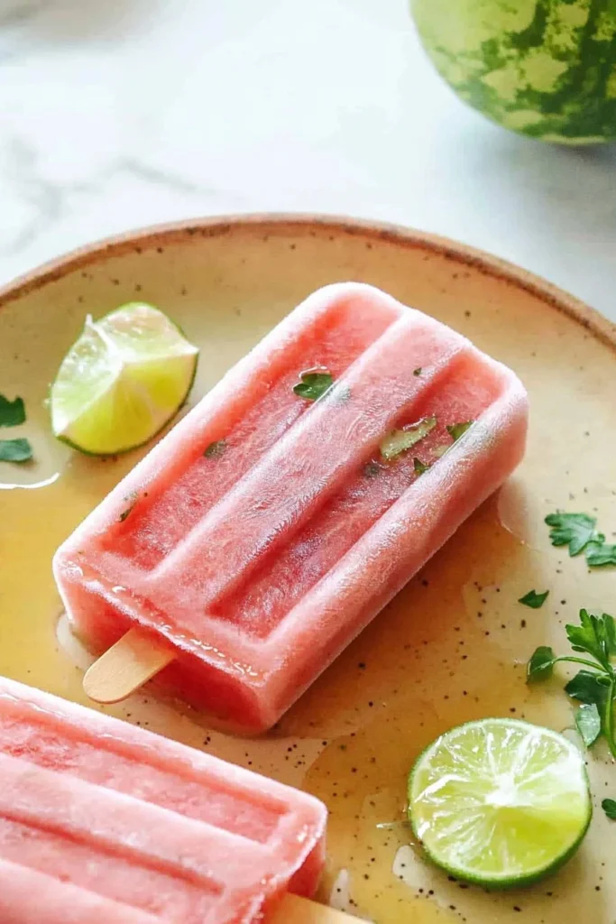 Homemade Watermelon Ice Pops on a wooden table, perfect for summer refreshment.