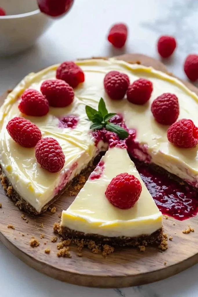 Slice of white chocolate raspberry cheesecake with fresh raspberries on top.