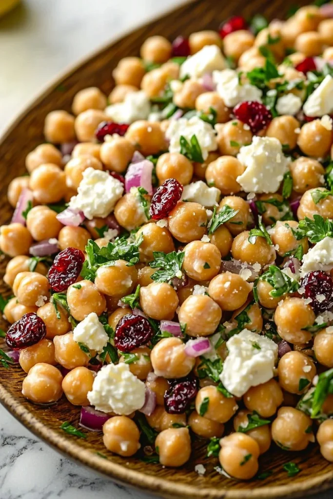 Zesty lemon chickpea salad with feta cheese and cranberries in a bowl.