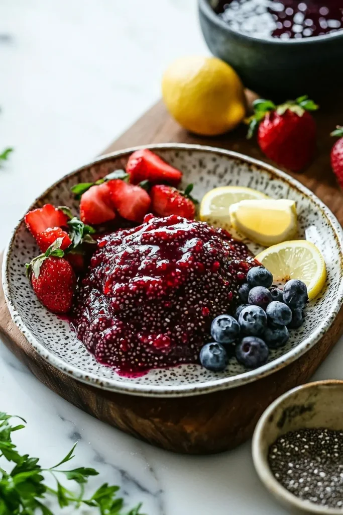 Homemade 10-minute chia seed jam in a jar on a wooden table