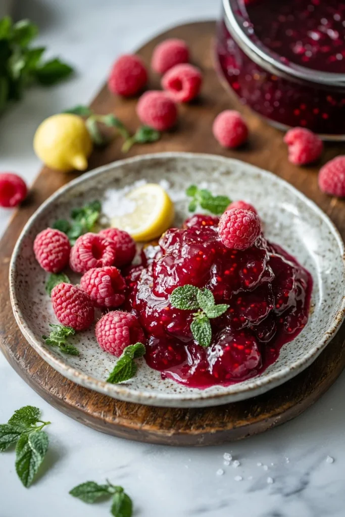 10-Minute Raspberry Jam recipe with fresh raspberries and sugar