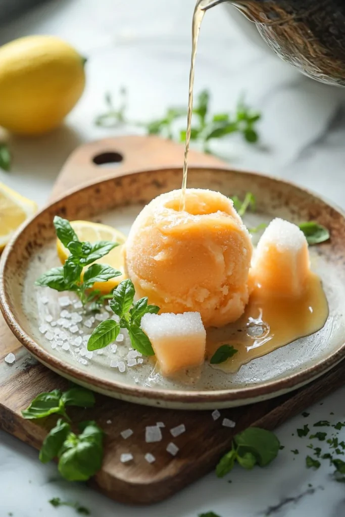 Delicious 3-Ingredient Cantaloupe Rose Sorbet served in a bowl