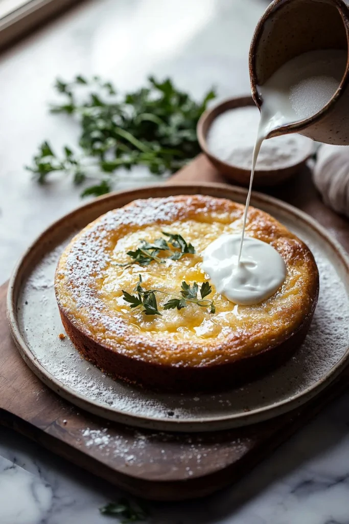 A delicious 3 Ingredient Yogurt Cake freshly baked with yogurt topping.