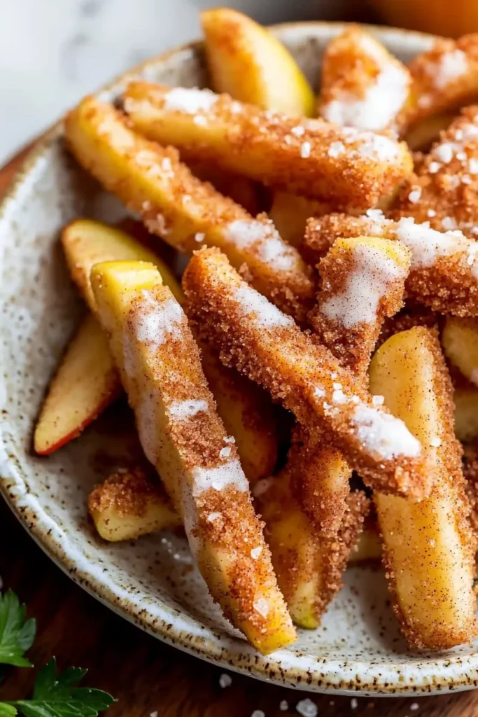 Crispy Air Fryer Apple Fries served on a plate with a cinnamon dip
