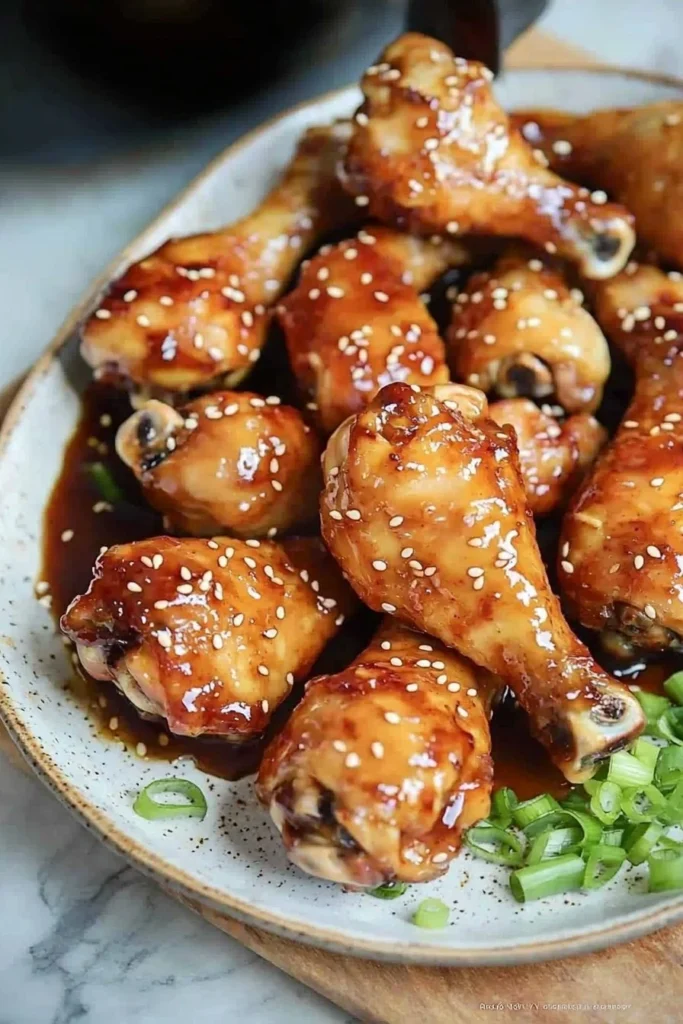 Crispy air fryer chicken drumsticks served on a plate with dipping sauce