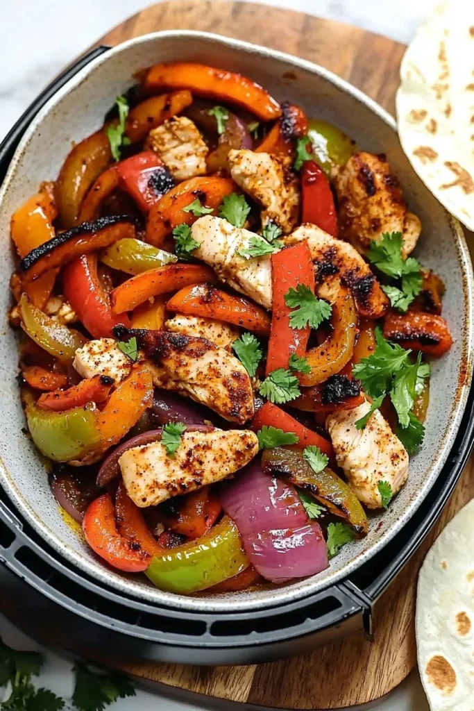 Plate of Air Fryer Chicken Fajitas served with bell peppers and tortillas