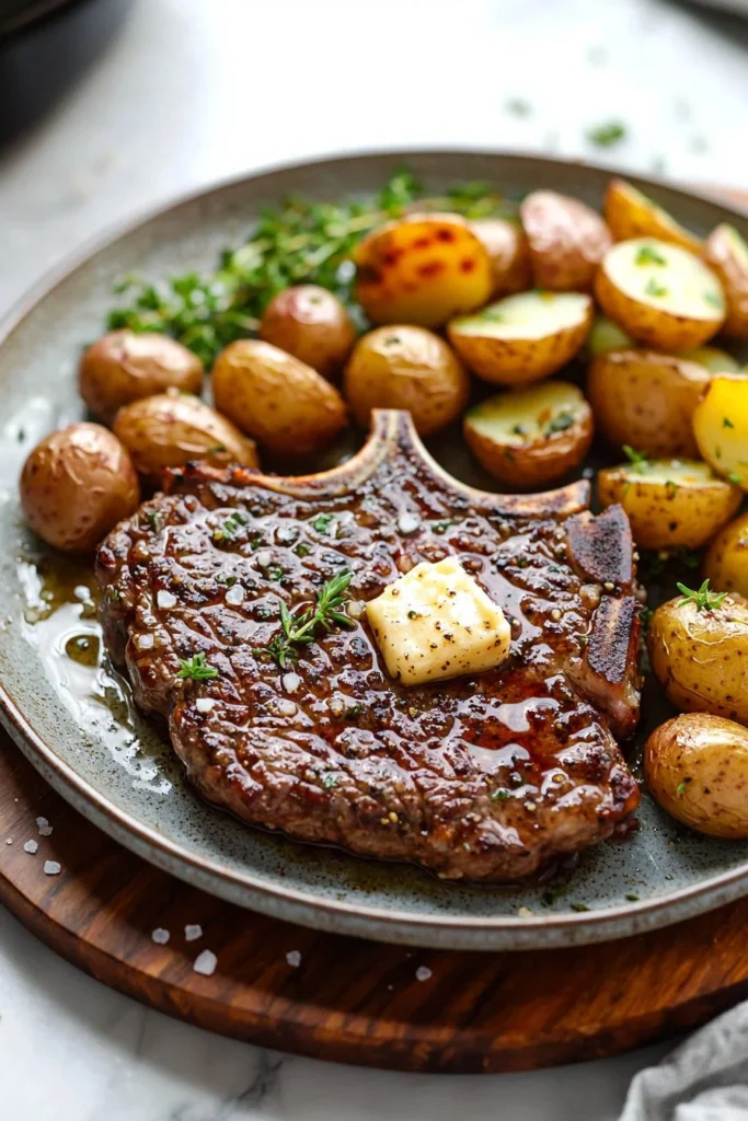 Delicious garlic butter steak with crispy potatoes cooked in an air fryer