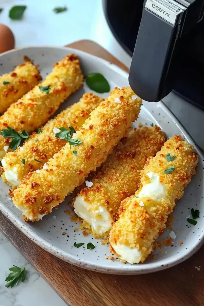 Golden brown air fryer mozzarella sticks served with marinara sauce