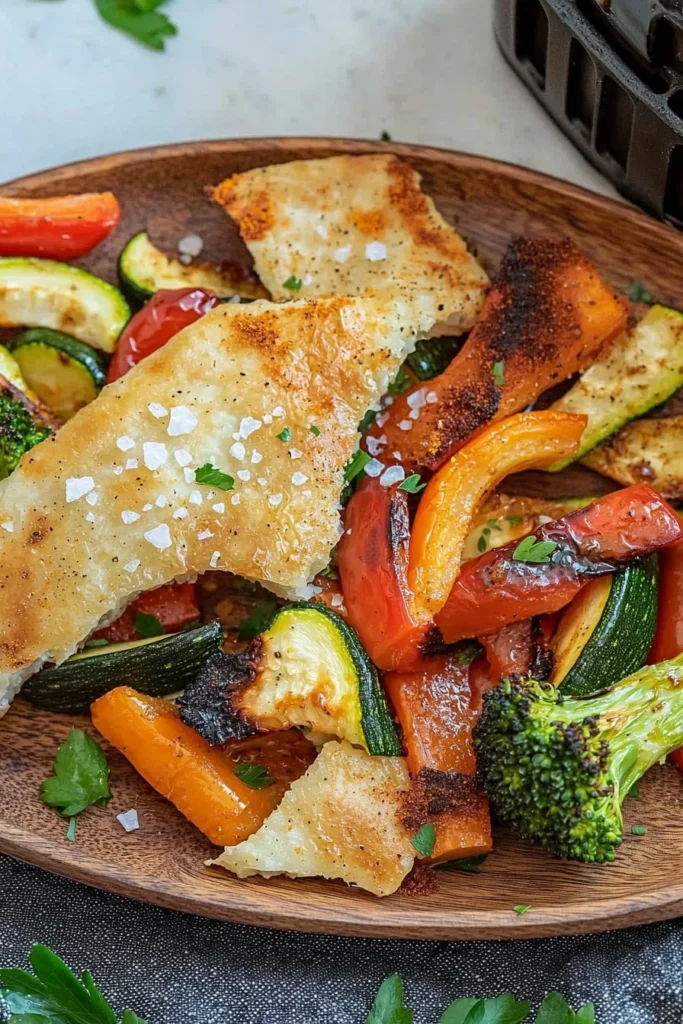Colorful air fryer vegetables served on a plate, showcasing crispy textures.