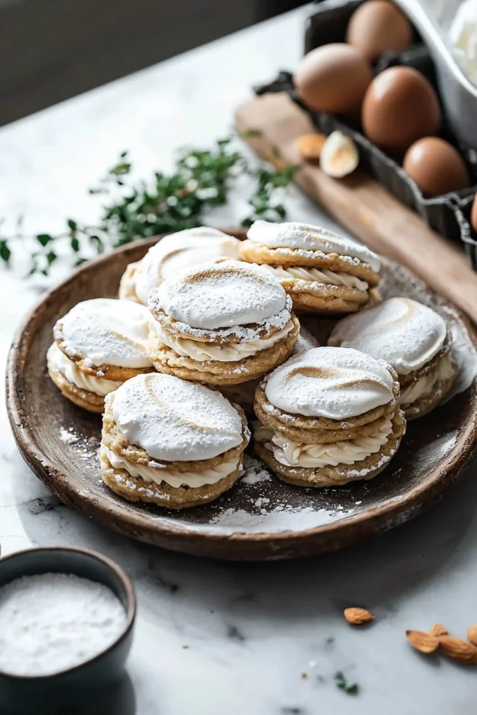 Almond Meringue Sandwich Cookies stacked on a plate
