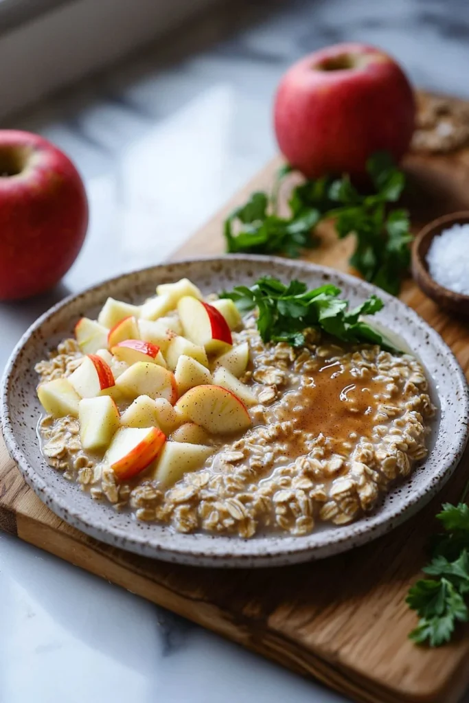 Bowl of apple cinnamon oatmeal porridge topped with fresh apples and cinnamon
