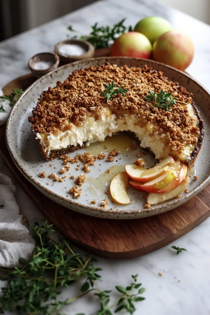 Slice of Apple Crumble Cheesecake with crispy topping and creamy filling