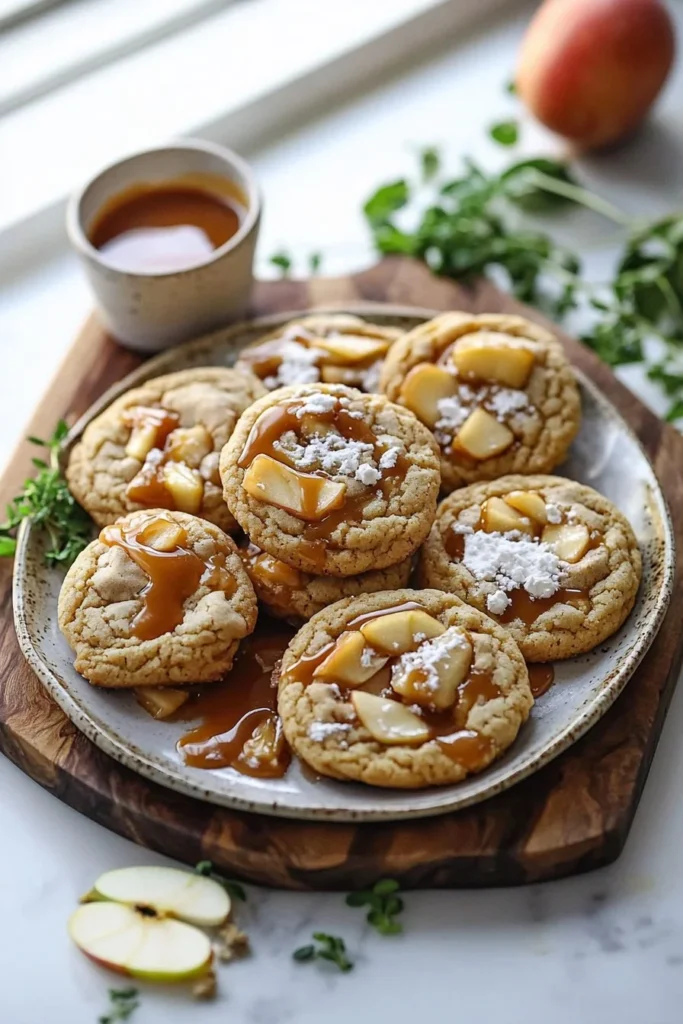 Apple Pie Caramel Cookies with a golden crust and gooey caramel topping