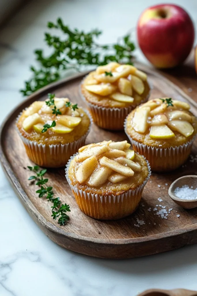 Delicious apple pie cupcakes topped with cinnamon frosting on a wooden table.