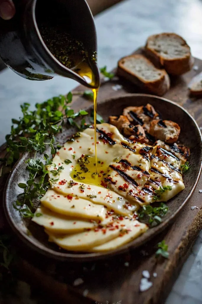 Mouthwatering Argentinian grilled provolone cheese on a platter